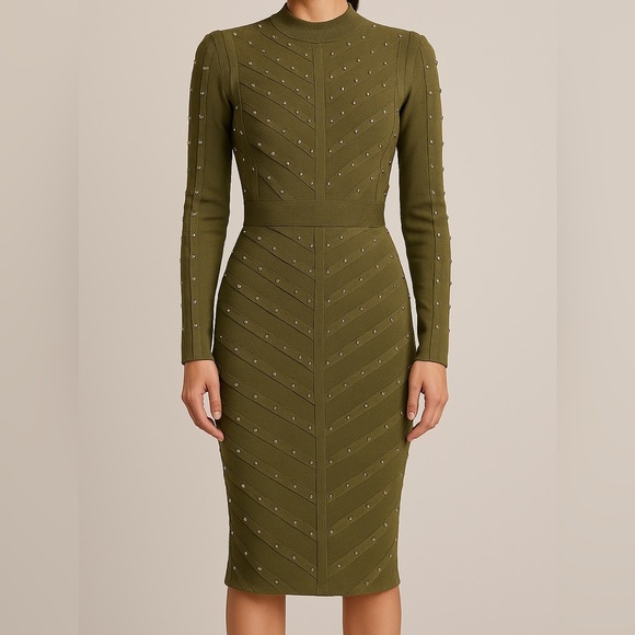 House of CB London Olive Green Mesh Bandage Mini Dress With Gold Studs - Picture 1 of 8